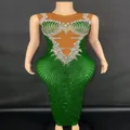 Exquisite green floor-length performance dress featuring sparkling rhinestone details - S / Top And Bottom / Green