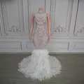 Exquisite luxury formal dress with pearl diamond beading and large white feather train - S / Dresses / White