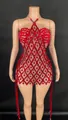 Detalle del mini vestido rojo halter con patrón de diamantes de imitación y flecos - Rojo