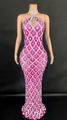 Detail of a pink halter neck dress with silver lattice and teardrop crystal embellishments - Rose Red