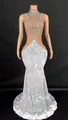 Elegant silver floor-length velvet mermaid dress with sparkling diamond mock neck detail - White