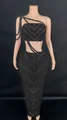 Black two-piece set featuring rhinestone tube top and bodycon maxi skirt detail - S / Top And Bottom / Black
