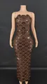Detail of brown sequin floor-length dress with scallop fish scale pattern - Coffee