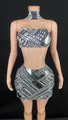 Detailed view of glittering silver rhinestone two-piece set with tube top and mini skirt - XS / Top And Bottom / Silver