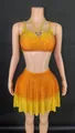 Dazzling yellow and orange gradient rhinestone two-piece performance outfit for women - S / Top And Bottom / Orange Red