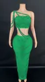 Front view detail of a green rhinestone crop top and bodycon maxi skirt set on mannequin - S / Top And Bottom / Verdant