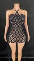 Detailed view of sexy halter dress with black mesh and sparkling rhinestone accents. - S / Top And Bottom / Black