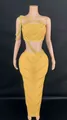 Sexy yellow two-piece set with gold rhinestone embellishments and long bodycon skirt - S / Top And Bottom / Yellow