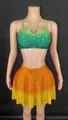 Green and orange gradient rhinestone dance set with crop top and flared skirt - S / Top And Bottom / Green Orange Gradient Set 1