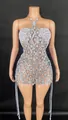 Sexy halter neck silver sequin dress with rhinestones for nightclub and evening parties. - S / Top And Bottom / Silver