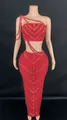 Detail view of red rhinestone two-piece set with V-shaped patterns on bodycon skirt - S / Top And Bottom / Red