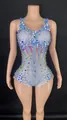 Close-up of sparkling sequin and rhinestone bodysuit stage performance costume - S / Tops / Sky Blue