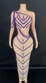 Two-piece set featuring purple beaded one-shoulder crop top and nude mesh bodycon maxi skirt - S / Top And Bottom / Purple Rhinestone