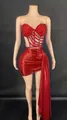 Close-up detail of sexy red rhinestone corset top and ruched metallic mini skirt set - S / Top And Bottom / Red