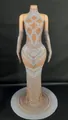 Full view of elegant halter neck evening gown with rhinestones and pearls. - S / Top And Bottom / Camel