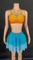 Sexy two-piece rhinestone set with orange gradient crop top and blue pleated mini skirt - Orange Yellow Lake Blue Gradient Set 4