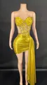 Detail view of gold sequined corset top and ruched skirt with side drape - S / Top And Bottom / Yellow
