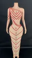 Detail view of sexy nude mesh two-piece set with red rhinestone V-patterns on mannequin - S / Top And Bottom / Red Rhinestone