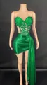 Detail of green rhinestone corset top and matching ruched mini skirt with side drape - S / Top And Bottom / Green