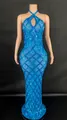 Blue halter floor-length dress with teardrop crystals and sequins on a mannequin. - S / Top And Bottom / Blue