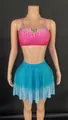 Glamorous rose pink rhinestone crop top and blue sequin flared mini skirt two-piece set - Rose Red Lake Blue Gradient Set 2