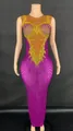 Elegant purple floor-length performance gown with intricate yellow rhinestone patterns - S / Top And Bottom / Magenta