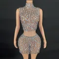 Sparkly sleeveless high neck rhinestone crop top and bodycon mini skirt two-piece set - S / Top And Bottom / Apricot