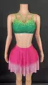 Elegant two-piece set featuring sparkly green and pink gradient rhinestone top and skirt - Green Pink Gradient Set 5