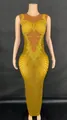 Elegant yellow evening dress featuring sparkling rhinestones for gala parties and shows - S / Top And Bottom / Yellow