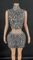 Shimmering silver rhinestone mock neck crop top and mini skirt two-piece clubwear set - S / Top And Bottom / Black