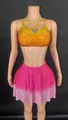 Two-piece performance outfit with rhinestone gradient crop top and pink flared skater skirt - Orange Yellow Rose Red Gradient Set 6