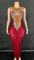 Elegant red rhinestone embellished slim-fit evening gown perfect for stage and banquet - S / Top And Bottom / Red