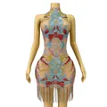 Exquisite detailed view of colorful rhinestones and beaded fringe on high-neck bodycon dress - S / Tops