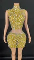 Glamorous yellow sleeveless mock neck rhinestone crop top and bodycon mini skirt set - S / Top And Bottom / Lemon Yellow