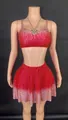 Vibrant rose red rhinestone two-piece set with crop top and flared mini skirt for women - Red