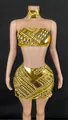 Sexy gold rhinestone embellished tube top and mini skirt set with matching choker for club - XS / Top And Bottom / Gold