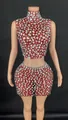Sexy red mesh two-piece set featuring a sleeveless high neck top and rhinestone mini skirt. - S / Top And Bottom / Brick Red