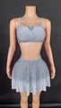 Sparkling rhinestone two-piece set with V-neck halter crop top and mini skirt - Light Gray