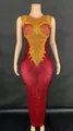 Red mermaid performance dress with yellow rhinestone embellishments and sheer panel - S / Top And Bottom / Yellow Rhinestone Red Base