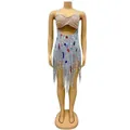 Detailed view of sexy silver halter neck dress with fringe and colorful rhinestones - S / Top And Bottom / Silver