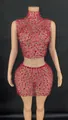 Stunning sexy red rhinestone two-piece set featuring a sleeveless crop top and bodycon skirt. - Rose Pink