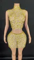 Sexy high-neck sleeveless crop top and mini skirt set with sparkling gold rhinestones - Bright yellow