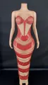 Red rhinestone embellished slim fit evening dress with V-neck mesh detail for parties - S / Bottoms / Red
