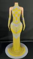 Elegant yellow halter floor-length evening gown with silver rhinestones and matching gloves - S / Top And Bottom / Yellow