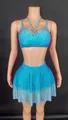 Stylish sky blue rhinestone studded crop top and matching flared mini skirt set - Lake Blue