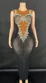 Elegant black and nude floor-length stage dress with heavy rhinestone embellishments. - S / Top And Bottom / Orange Red