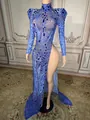 Detailed view of a sparkling blue rhinestone evening gown with a high leg slit - S / Blue