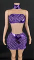 Sexy purple rhinestone two-piece set featuring a tube top and mini hip skirt for parties - Dark Violet