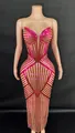 Detailed front view of hot pink metallic striped corset on long bodycon evening dress - S / Rose Red