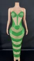 Elegant emerald green rhinestone bodycon evening dress with sheer striped cutout panels - S / Bottoms / Verdant